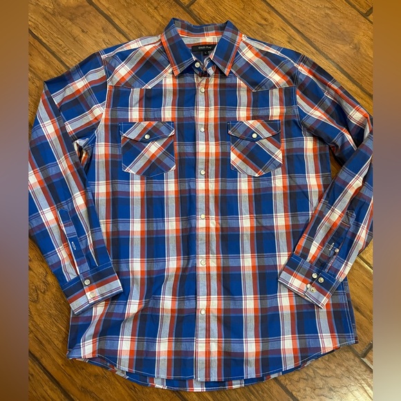 Double Pump western shirt men’s Large blue red plaid button pearl snap Cowboy - Picture 1 of 12